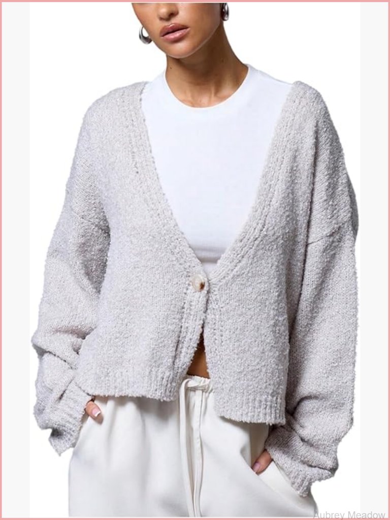 Deep V Neck Fuzzy Cardigan Drop Shoulder Long Sleeve Oversized Knit